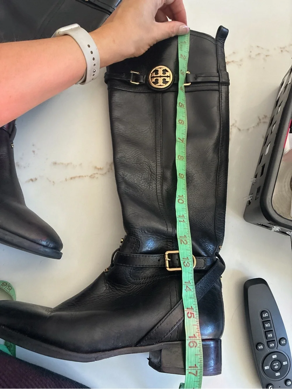 Tory Burch Black Leather Knee-High riding Boots with Gold Logo Accents